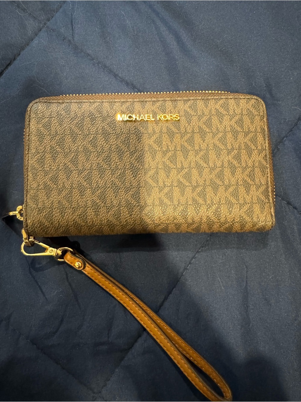 Michael Kors Brown Signature MK Logo Zip Wristlet with Gold Hardware